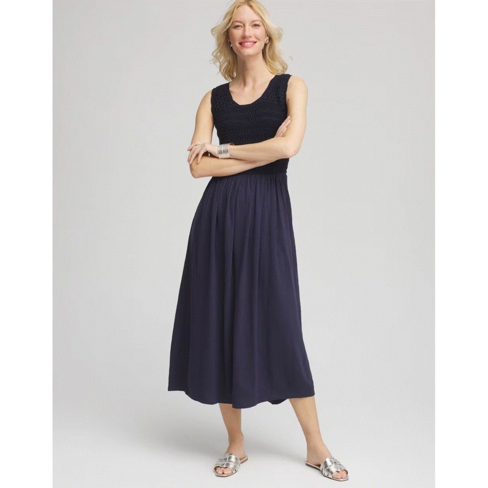 Chico's Navy Crochet Bodice Maxi Dress Sleeveless 1P Medium Petite 570387217
